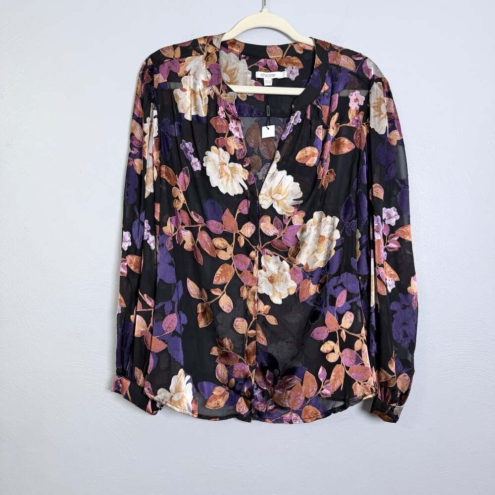 Chico's Sheer Floral Long Sleeve Blouse 2.5 US 14 Black Purple